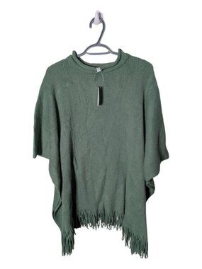 NWT Mia & Tess Fringe Trim Poncho Green Knit One Size